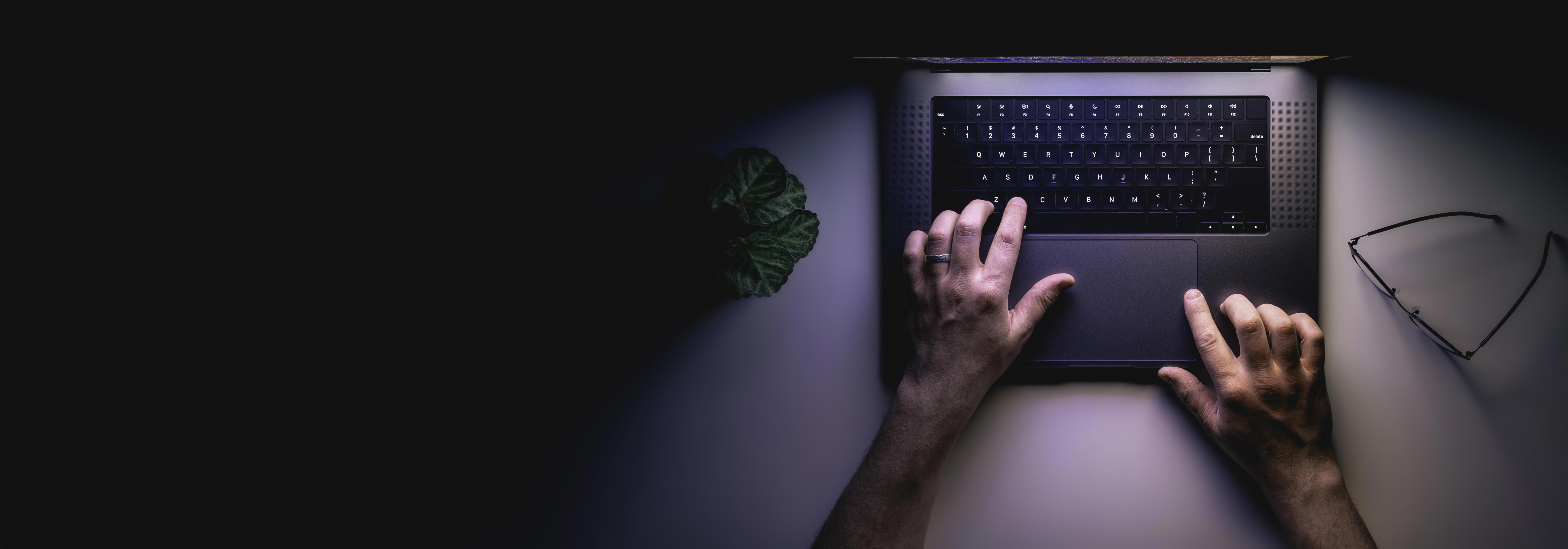 Man Using Laptop Night Top View Web Banner With Copy Space